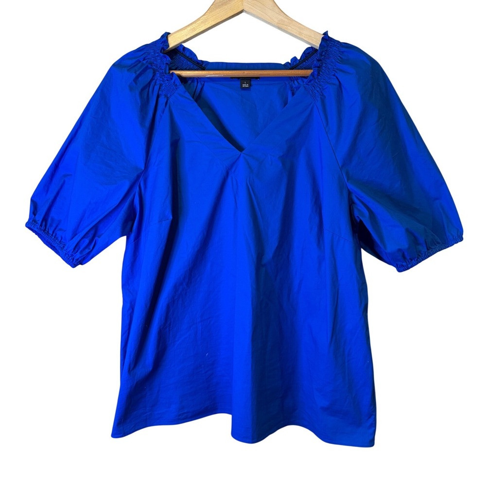 Alfani Womens Blue V-Neck Puff Sleeve Blouse Large